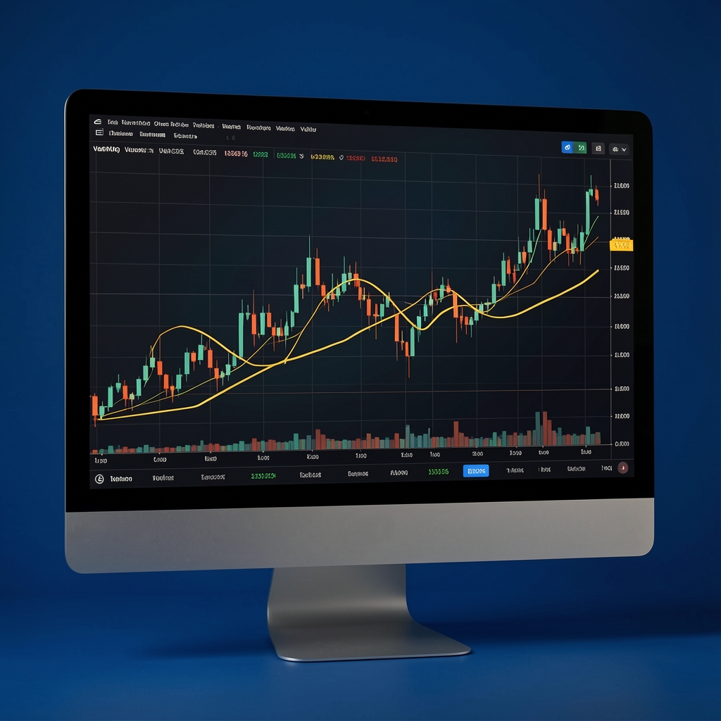 Bilgisayar ekranında finansal grafik ve veri analizi, derin mavi arka plan, altın rengi eğriler
