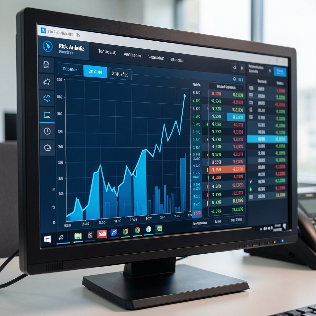 Risk analiz grafiği finansal veri terminali ekranı mavi tonlar sayısal veriler