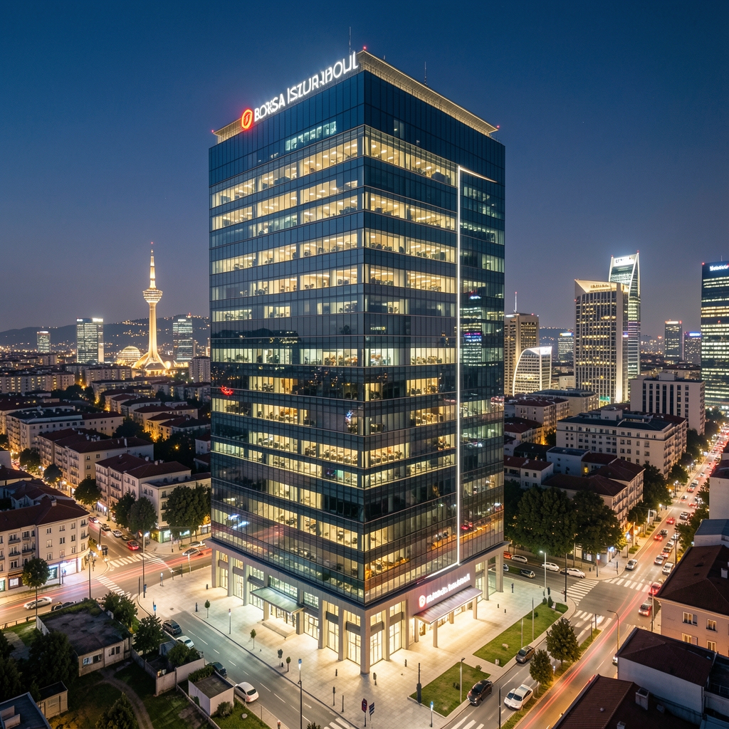 İstanbul Borsa İstanbul binası dış cephesi modern cam mimari gece ışıkları finansal merkez
