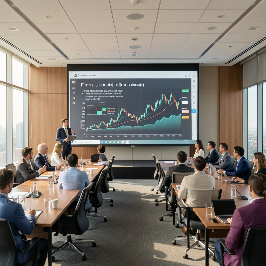 Projeksiyon ekranında karmaşık finansal modeller ve iş analitiği sunumu, modern konferans salonu ortamı