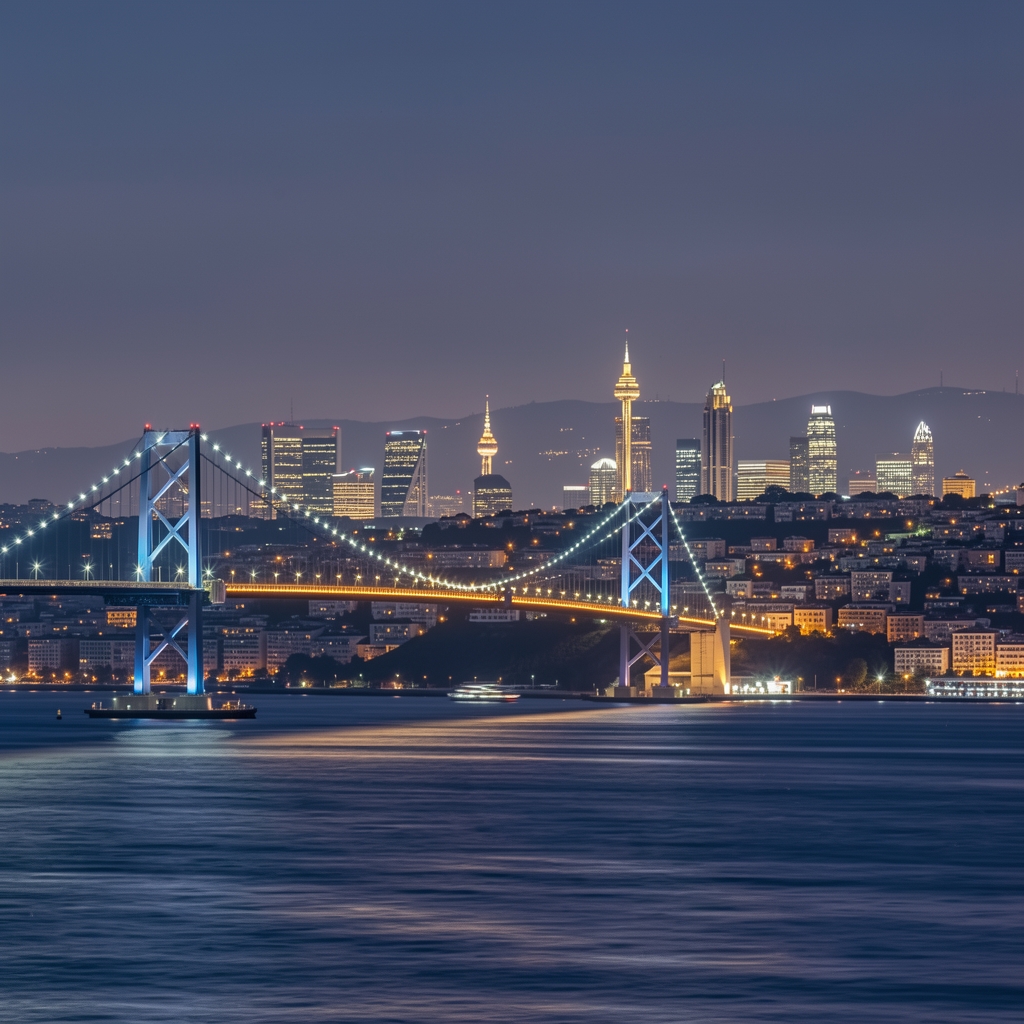 Alacakaranlıkta Boğaz köprüsü görünen İstanbul silüeti, mavi ve altın tonlu ışıklar, şehrin finans merkezi arka planı
