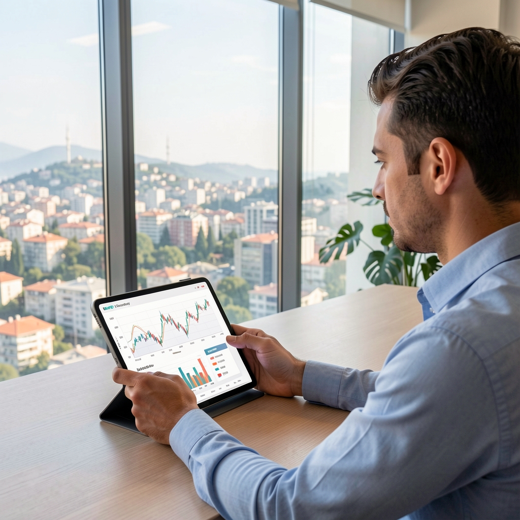 Dijital tablet üzerinde finansal grafikler ve eğitim içerikleri inceleyen kişi, modern ofis ortamında, açık pencereden İstanbul manzarası