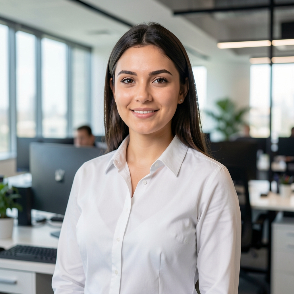 Genç kadın finans uzmanı, modern ofis arka planında profesyonel portre, beyaz gömlek