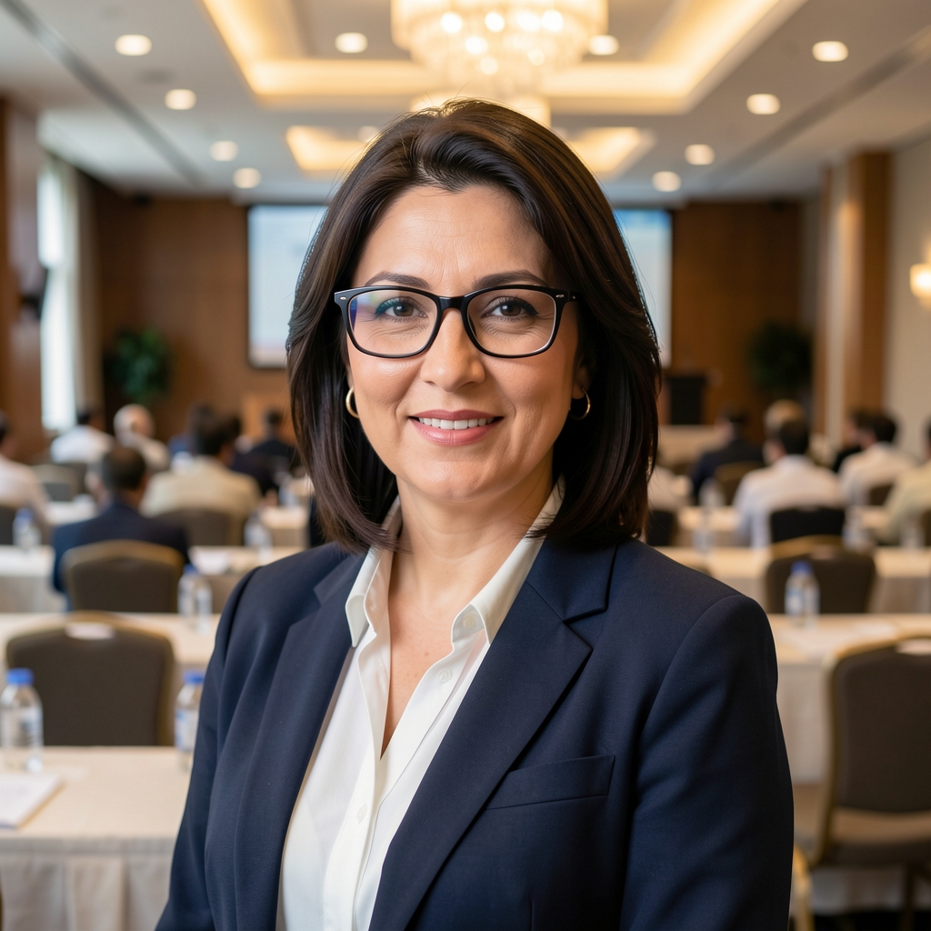 Olgun kadın ekonomist, konferans salonu arka planında profesyonel portre, gözlüklü