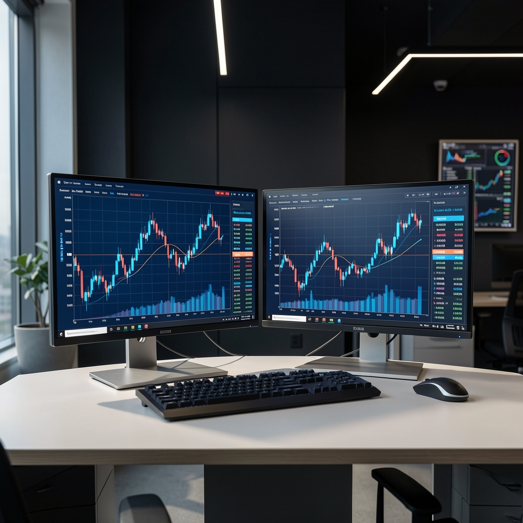 Modern finansal analiz merkezi, çift ekranlı iş istasyonu, karanlık arka plan üzerinde mavi ışıklı borsa grafikleri ve veri göstergeleri