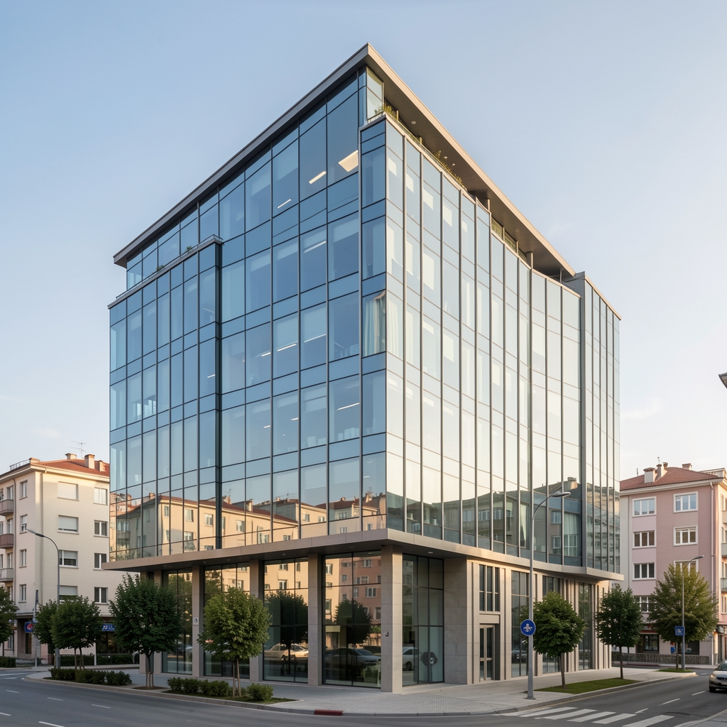 İstanbul Şişli ilçesinde modern şirket ofis binası dış cephesi, cam kaplama, gün ışığı, profesyonel iş ortamı