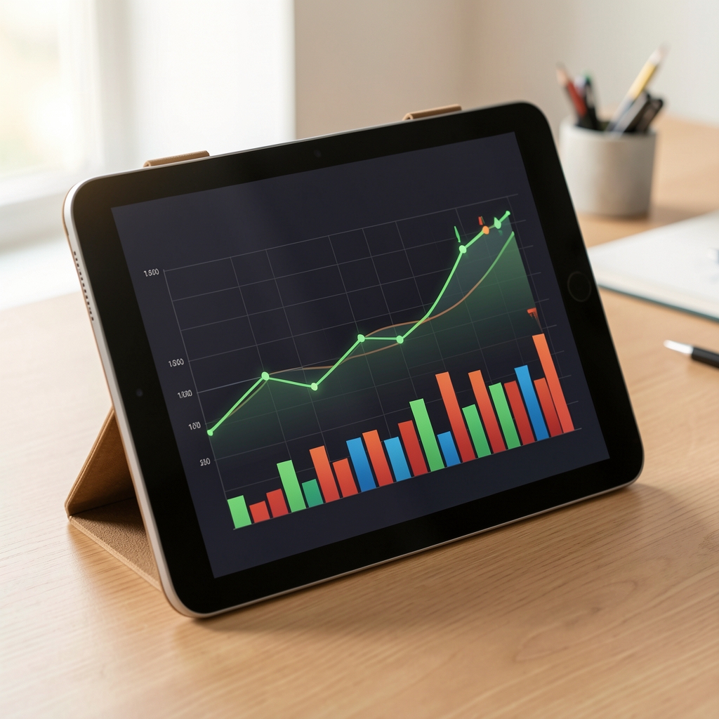Finansal grafik analizi tablet ekranı yatırım portföy büyüme çizgi grafikleri profesyonel masa